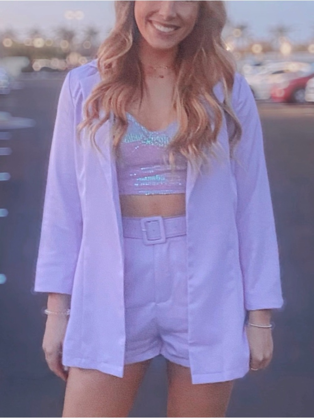 Lilac Two-Piece Blazer & Shorts Set with Belt